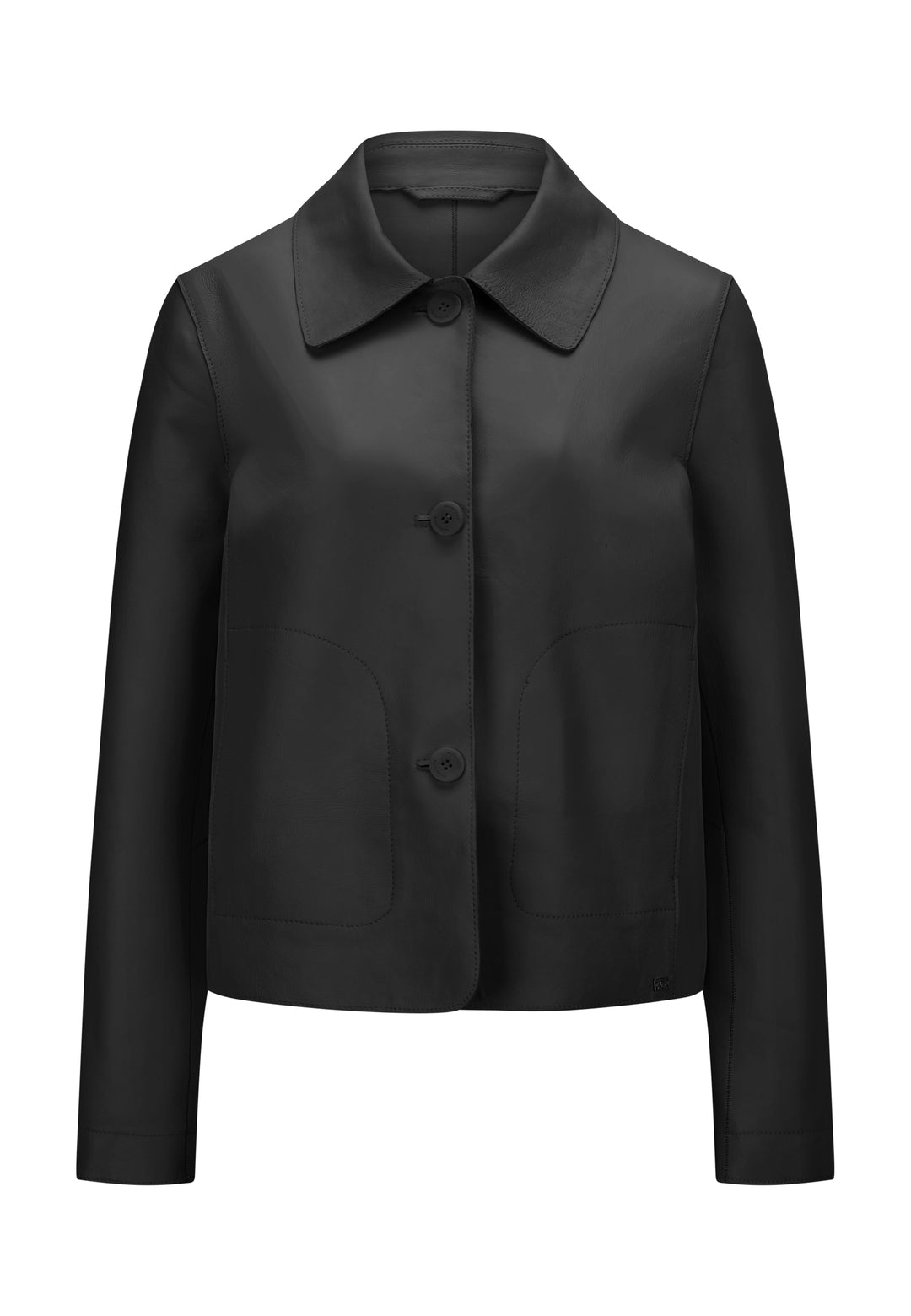 Jacke von Milestone MSCanna in schwarzem Glattleder mit Revers und Knopfleiste. Die Jacke ist aus weichem Leder und hat eine gerde Form. 