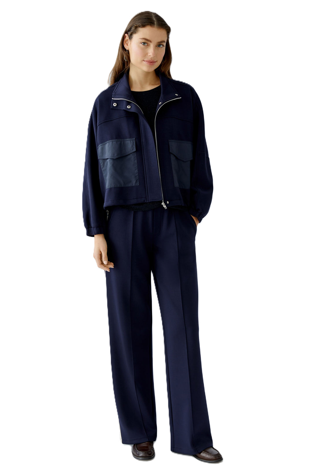 Jacke-Oui-dunkelblau-aufgesetzte Taschen aus Satin-Stehkragen 