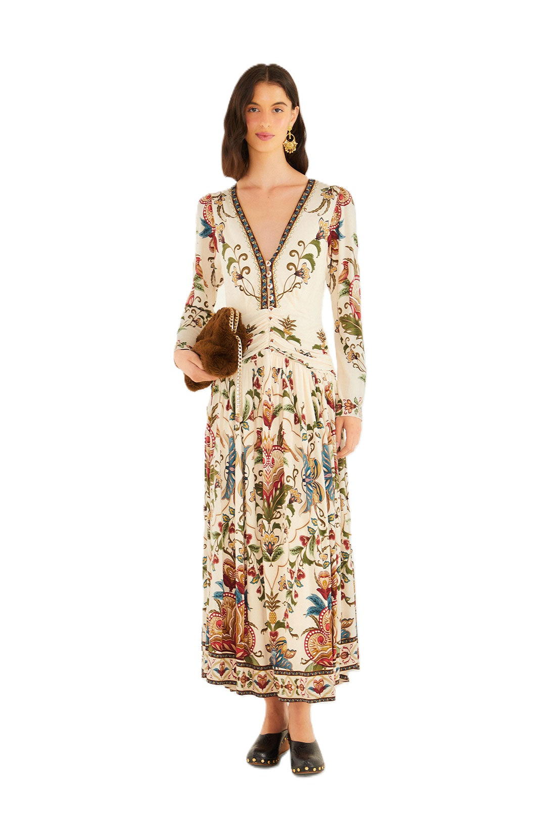 Kleid-Farm-Rio-Majestic-Hearts-Cream-Lang-Muster-Beige-Ecru
