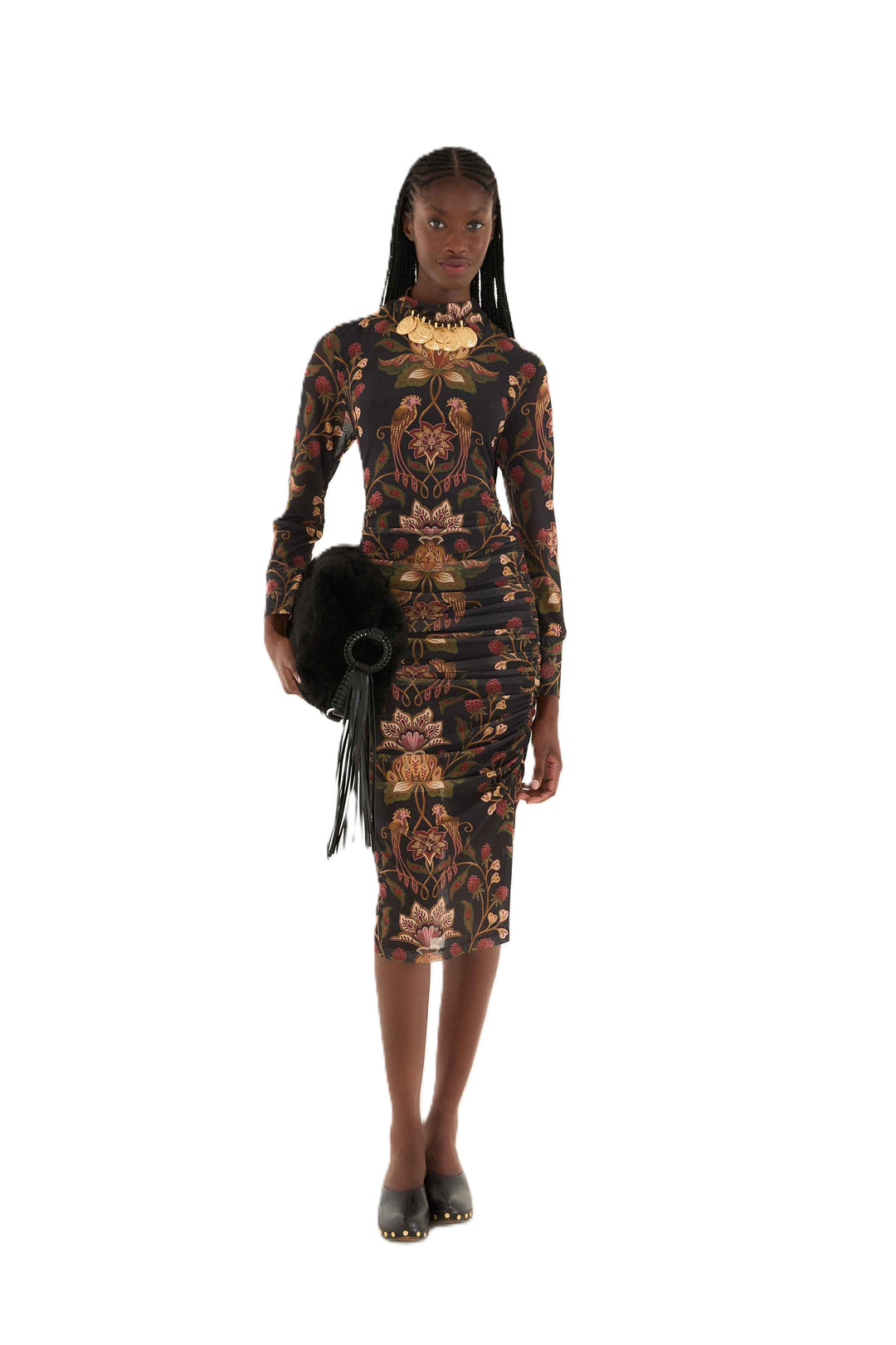Kleid-Farm-Rio-Berry-Garden-Black-Tulle-Midi-Kleid-Schwarz-Bunt-Muster