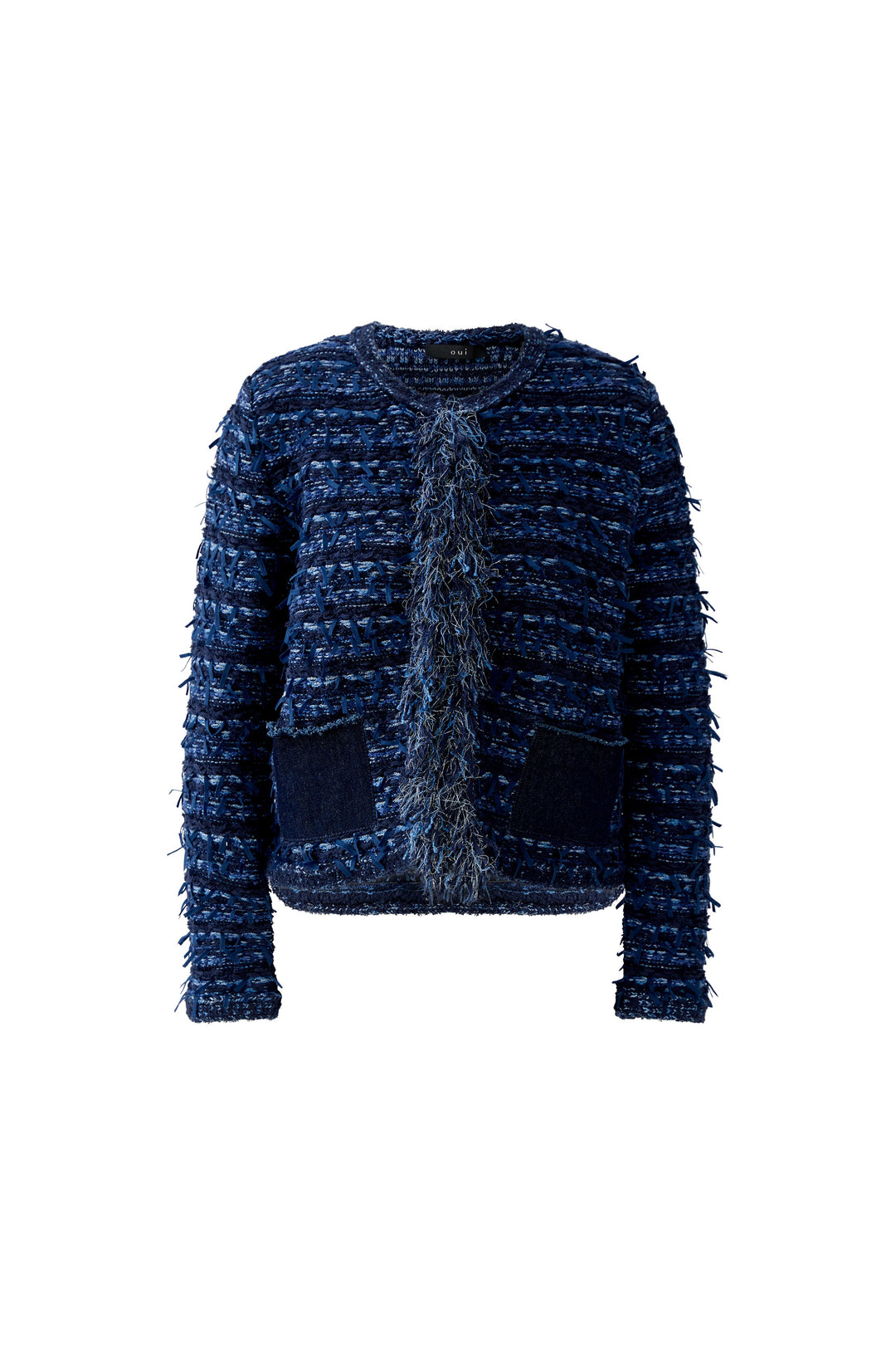 Strickjacke-oui-Dunkelblau-Streifen-Strick-Bunt-Muster