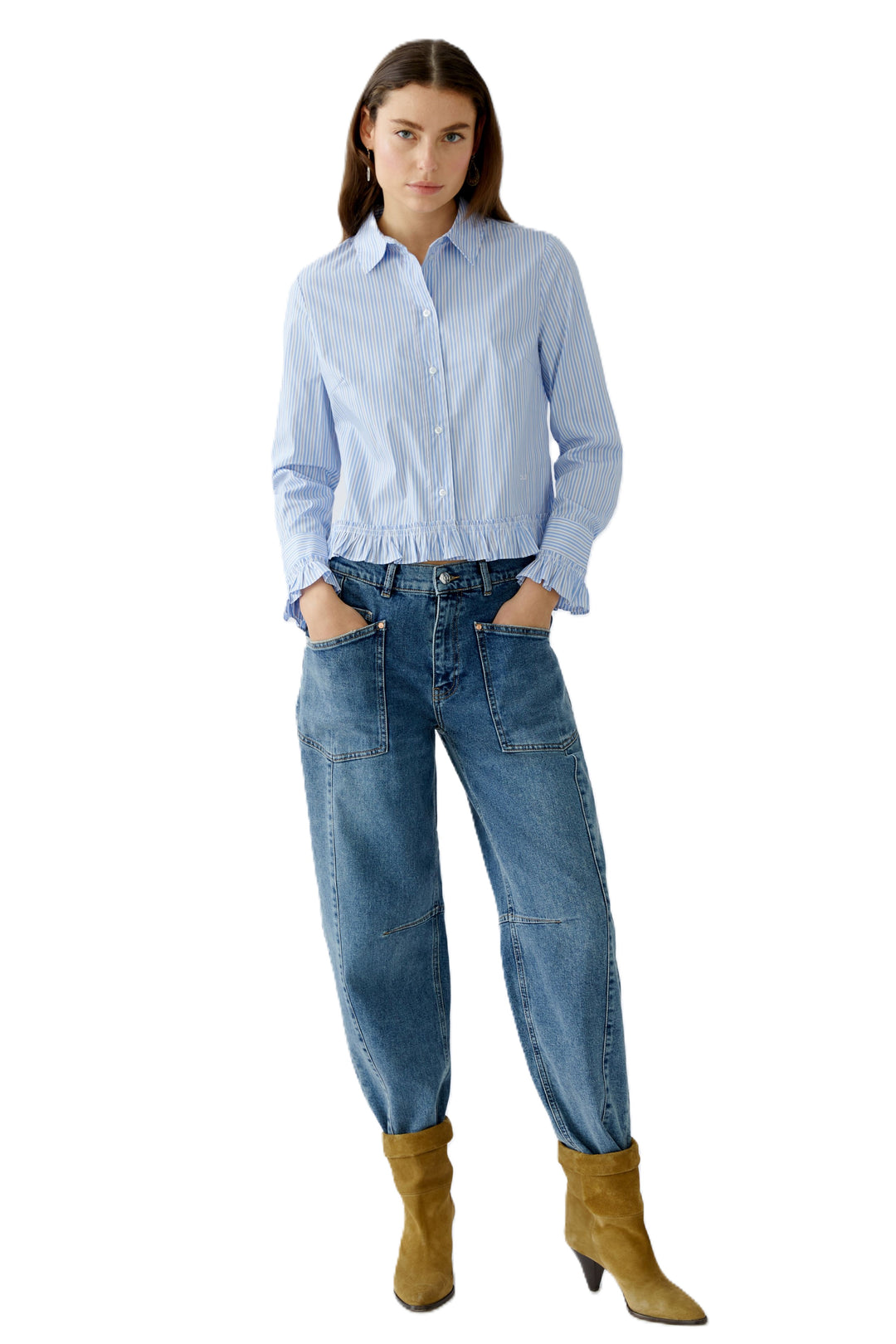 Bluse-oui-Streifen-Muster-Hellblau-Weiss-Kragen-Manschetten