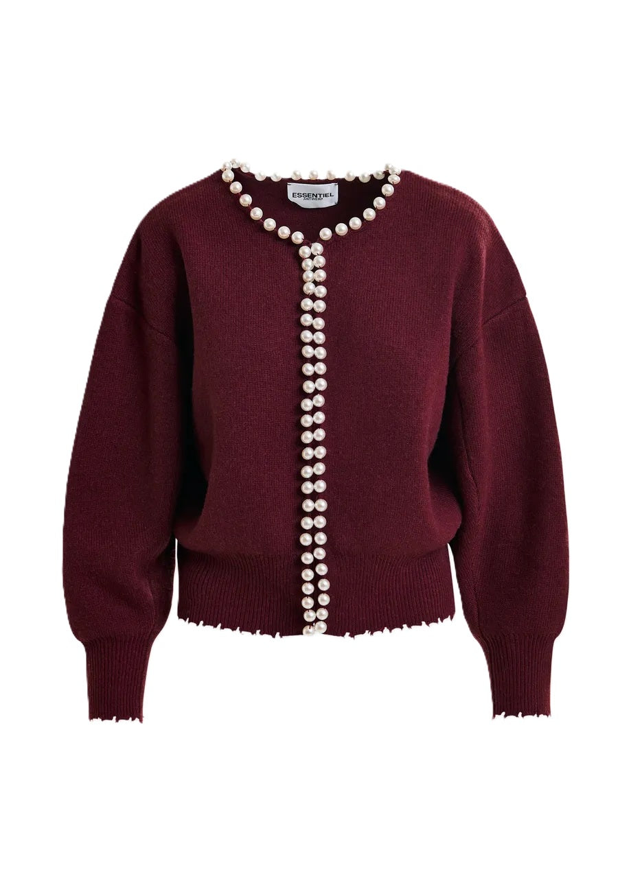 Strickweste-Essentiel Antwerp-Ideas-bordeaux-Perlen-ausgefranster Saum
