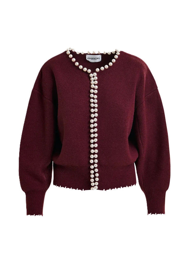 Strickweste-Essentiel Antwerp-Ideas-bordeaux-Perlen-ausgefranster Saum