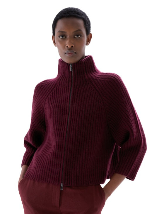 FFC-Strickjacke-Zipper-Halbarm-Burgunder-Berry-Rippstrick-Zipper