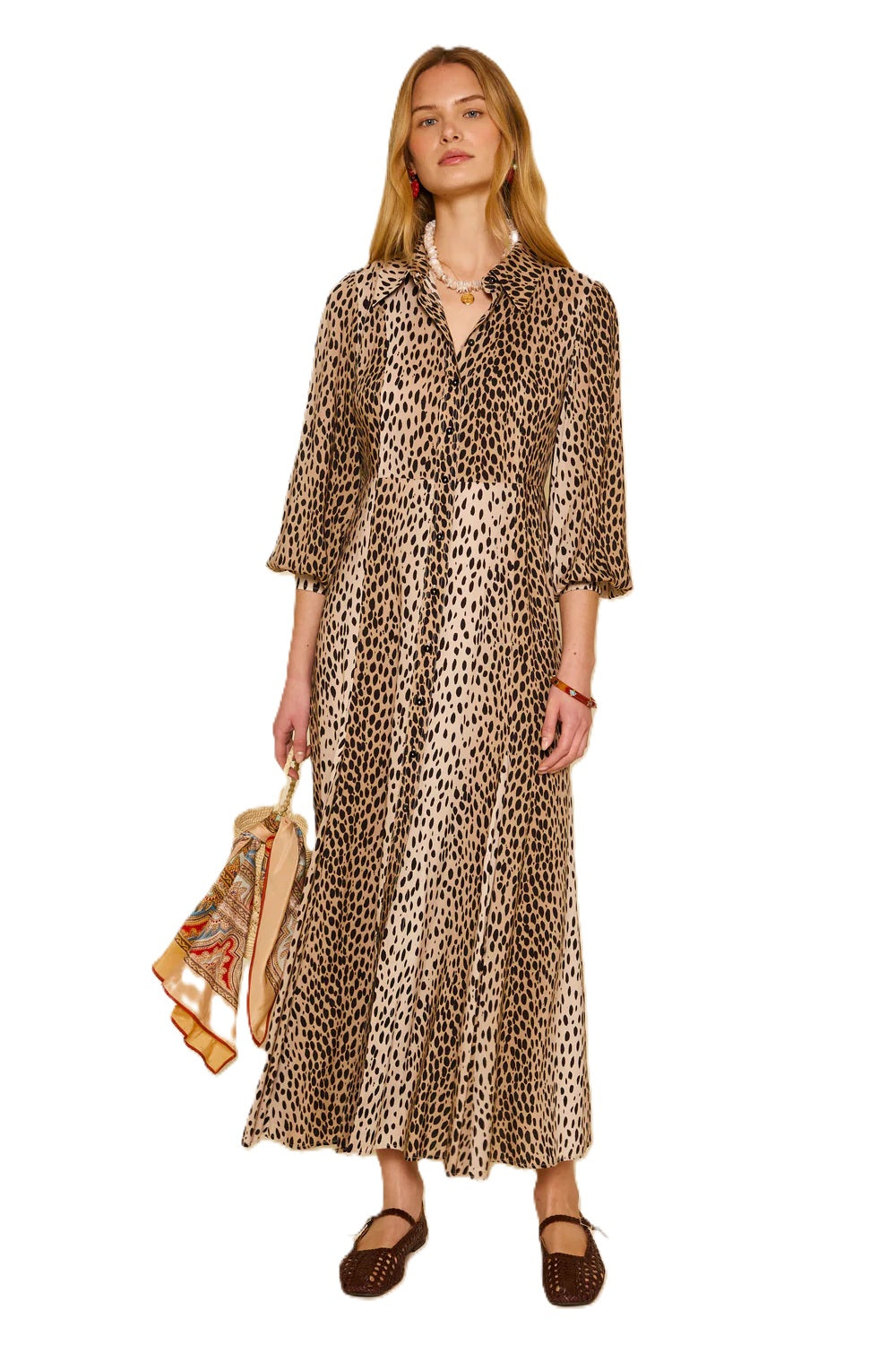 Kleid-Rixo-Tiger-Muster-Braun-Schwarz-Maxi-Hemdkragen