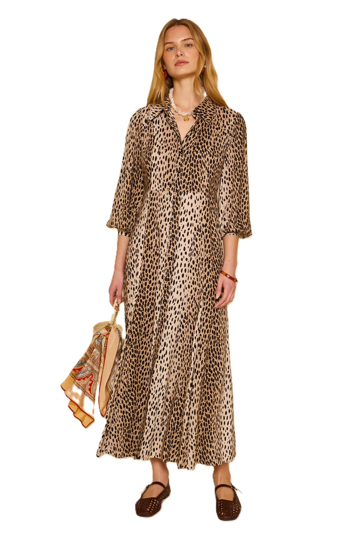 Kleid-Rixo-Tiger-Muster-Braun-Schwarz-Maxi-Hemdkragen