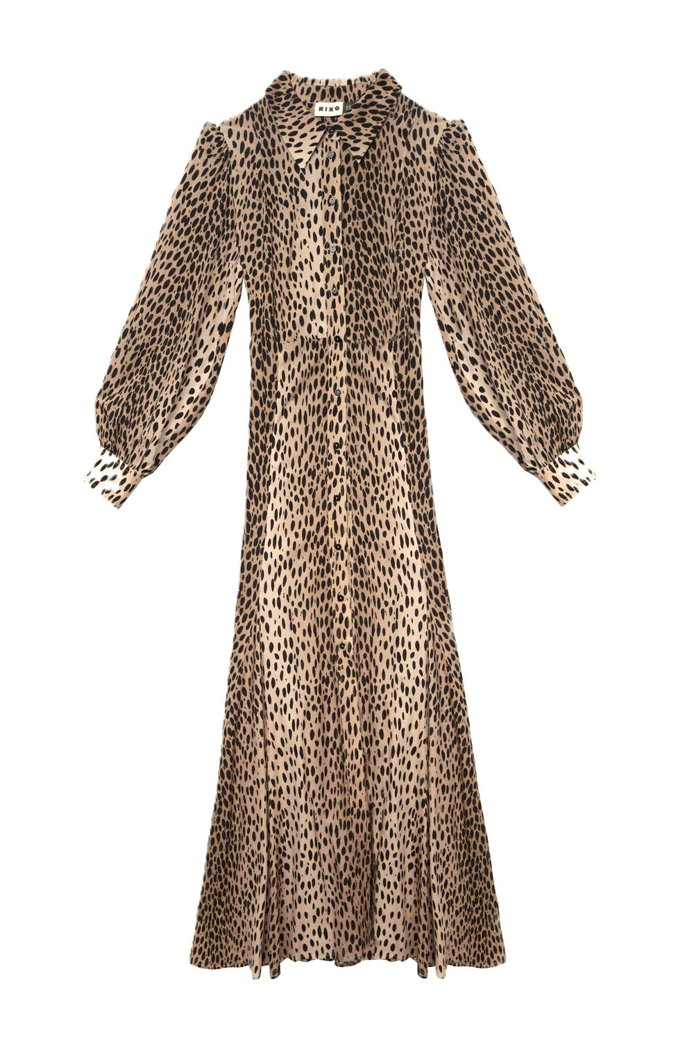 Kleid-Rixo-Tiger-Muster-Braun-Schwarz-Maxi-Hemdkragen