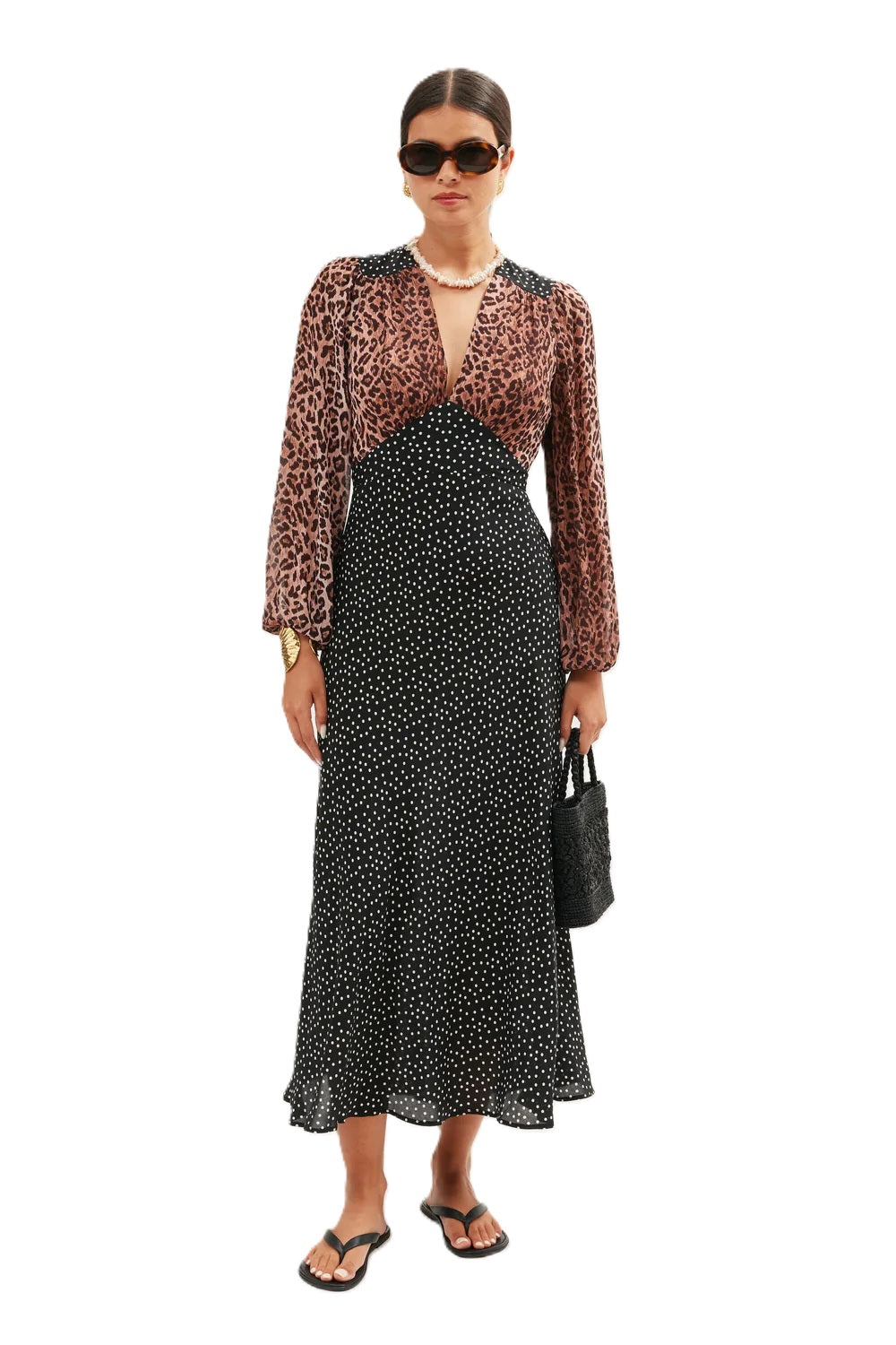 Kleid-Rixo-Kaila-Muster-Leo-Schwarz-gepunktet-braun