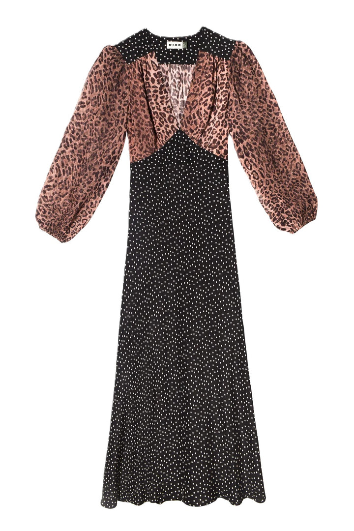 Kleid-Rixo-Kaila-Muster-Leo-Schwarz-gepunktet-braun