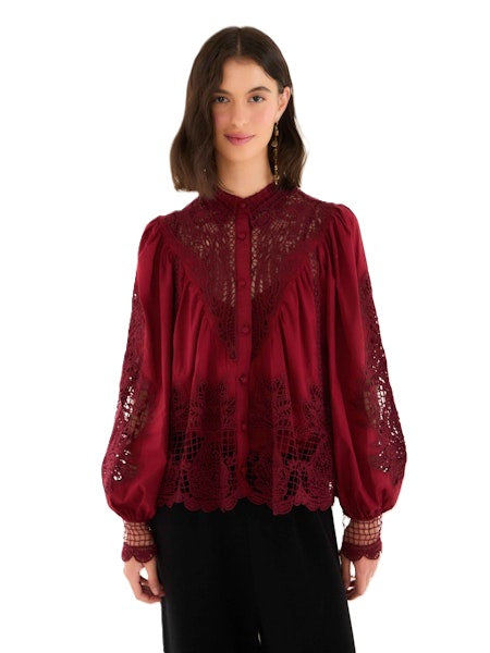 Bluse-Farm Rio-Berry Garden Guipure Blouse-rot-spitze-Ballonaermel
