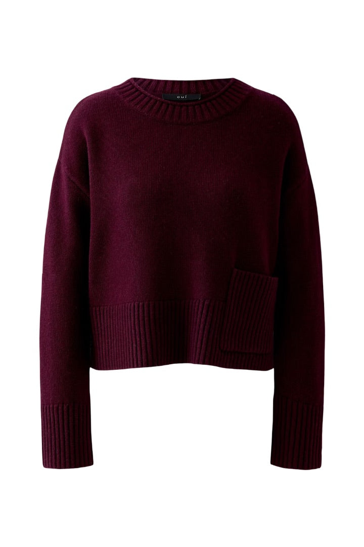 Strickpullover-oui-rundhals-rippstrick-tasche-kastig-burgunder-berry