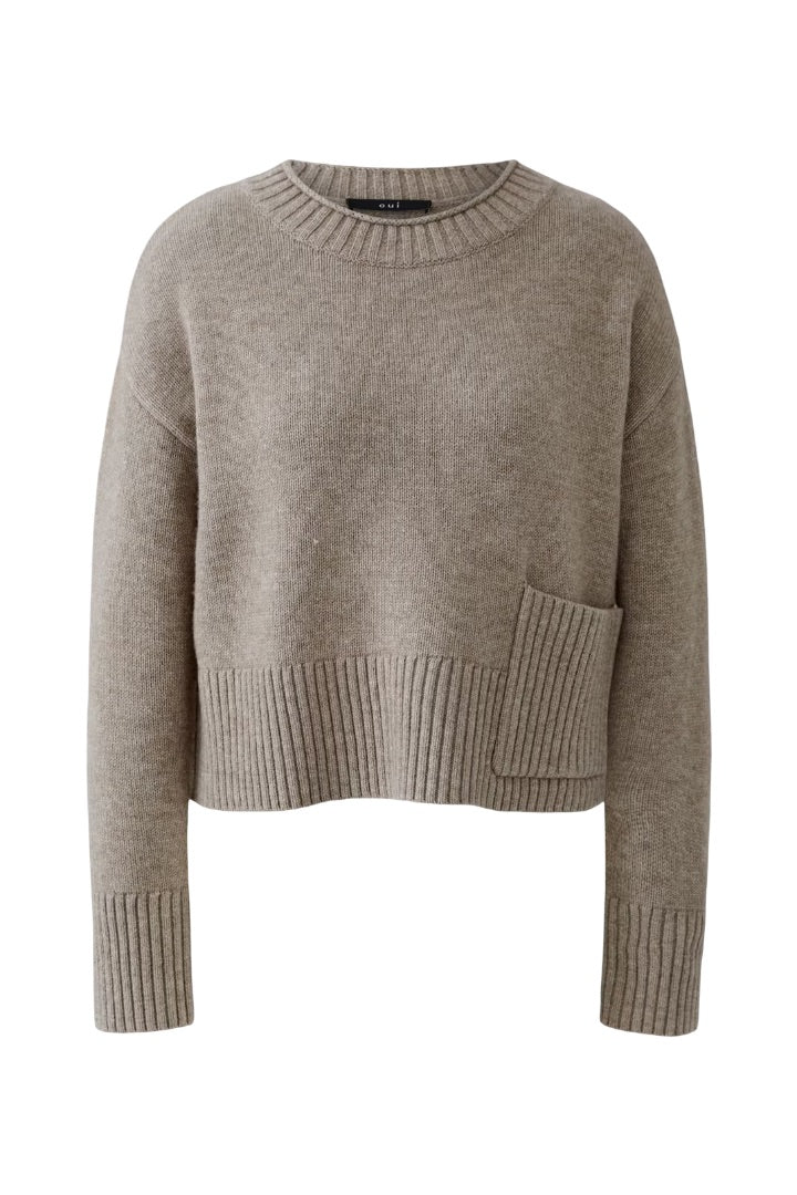 Strickpullover-oui-rundhals-rippstrick-tasche-kastig-beige-braun