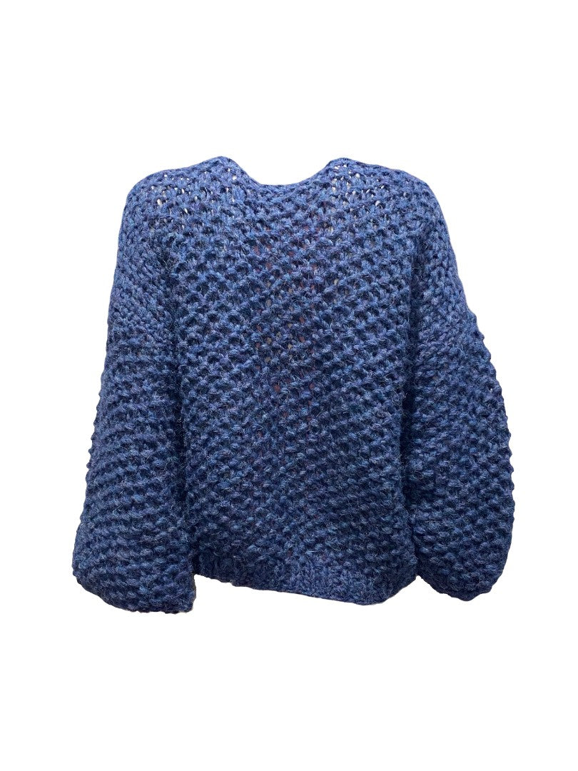 Cardigan-Maiami-Chunky-Alpaca-Pearl-Pattern-Bomber-Handgestrickt-Denim-Blau