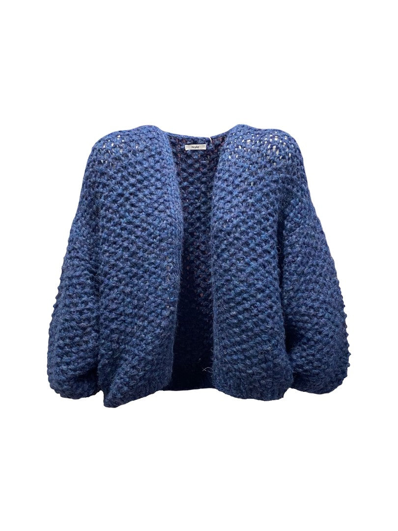 Cardigan-Maiami-Chunky-Alpaca-Pearl-Pattern-Bomber-Handgestrickt-Denim-Blau