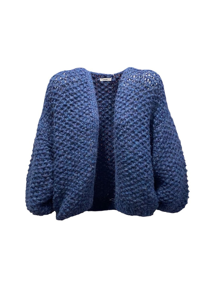 Cardigan-Maiami-Chunky-Alpaca-Pearl-Pattern-Bomber-Handgestrickt-Denim-Blau