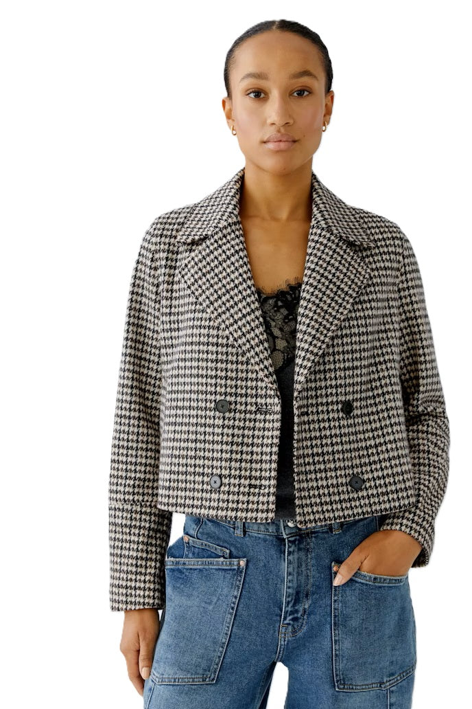 Jacke-Oui-Cabanjacke-Cropped-Karriert-Stone-Brown-Braun-Schwarz