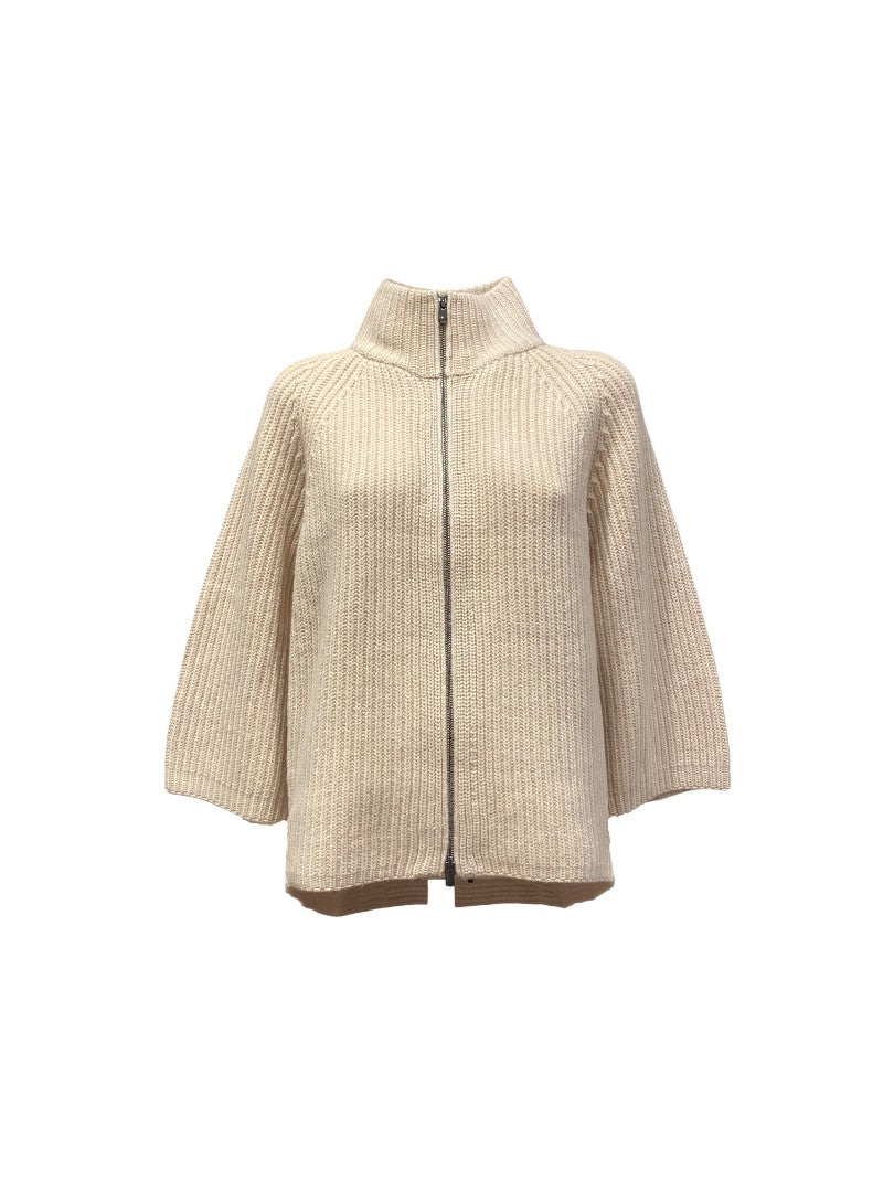 Strickweste-FFC-Reißverschluss-3/4 aermel-creme-gerade Form 