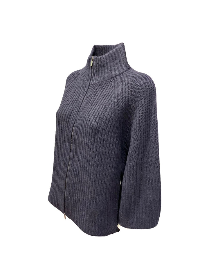 Strickweste-FFC-Reißverschluss-3/4 aermel-navy-gerade Form 