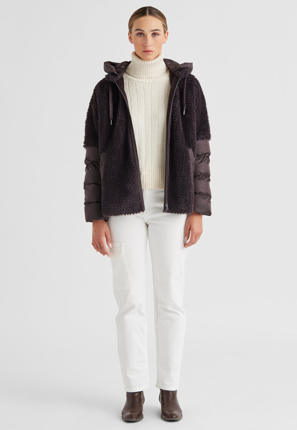 Jacke-Milestone-MSWega-Fake Fur-Daune-Kapuze-Zip-braun 