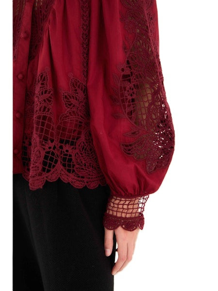 Bluse-Farm Rio-MARVELOUS GARDEN BLACK LONG SLEEVE-rot-Spitzendetails