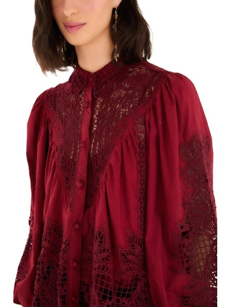Bluse-Farm Rio-MARVELOUS GARDEN BLACK LONG SLEEVE-rot-Spitzendetails