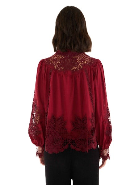 Bluse-Farm Rio-MARVELOUS GARDEN BLACK LONG SLEEVE-rot-Spitzendetails