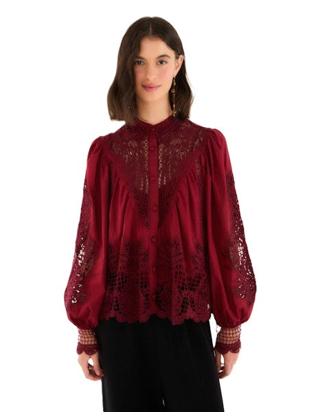 Bluse-Farm Rio-MARVELOUS GARDEN BLACK LONG SLEEVE-rot-Spitzendetails
