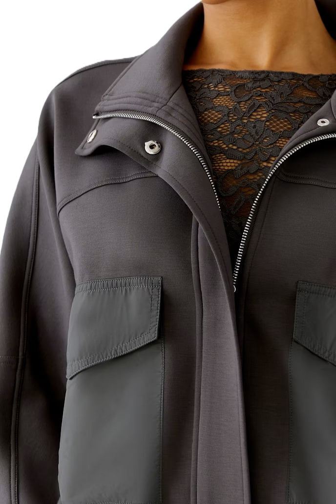 Jacke-Oui-Bomberform-Stehkragen-Reißverschluss-Jersey-braun 