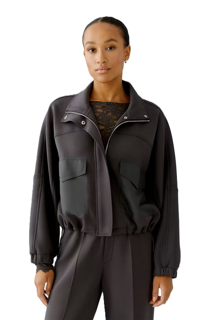 Jacke-Oui-Bomberform-Stehkragen-Reißverschluss-Jersey-braun 