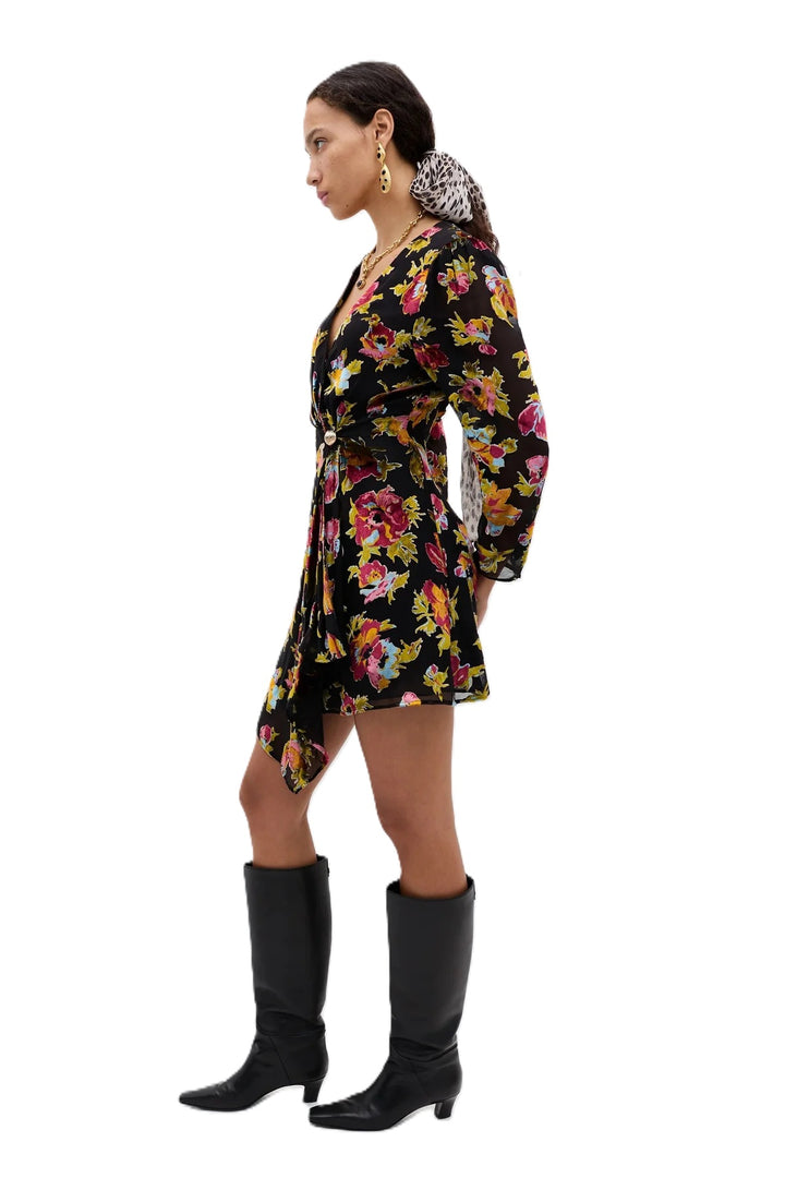 Kleid-Rixo-Kensley-bunt-kurz-Samtoptik-Wickelkleidoptik-Goldspange 