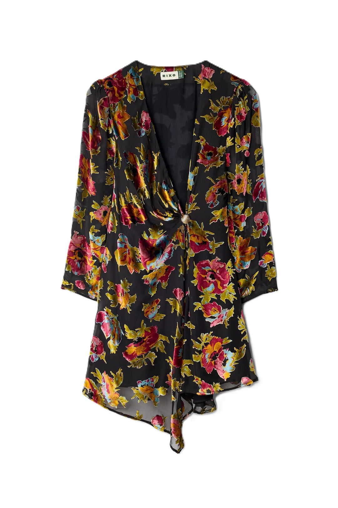 Kleid-Rixo-Kensley-bunt-kurz-Samtoptik-Wickelkleidoptik-Goldspange 