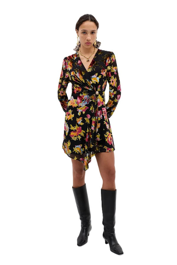 Kleid-Rixo-Kensley-bunt-kurz-Samtoptik-Wickelkleidoptik-Goldspange 