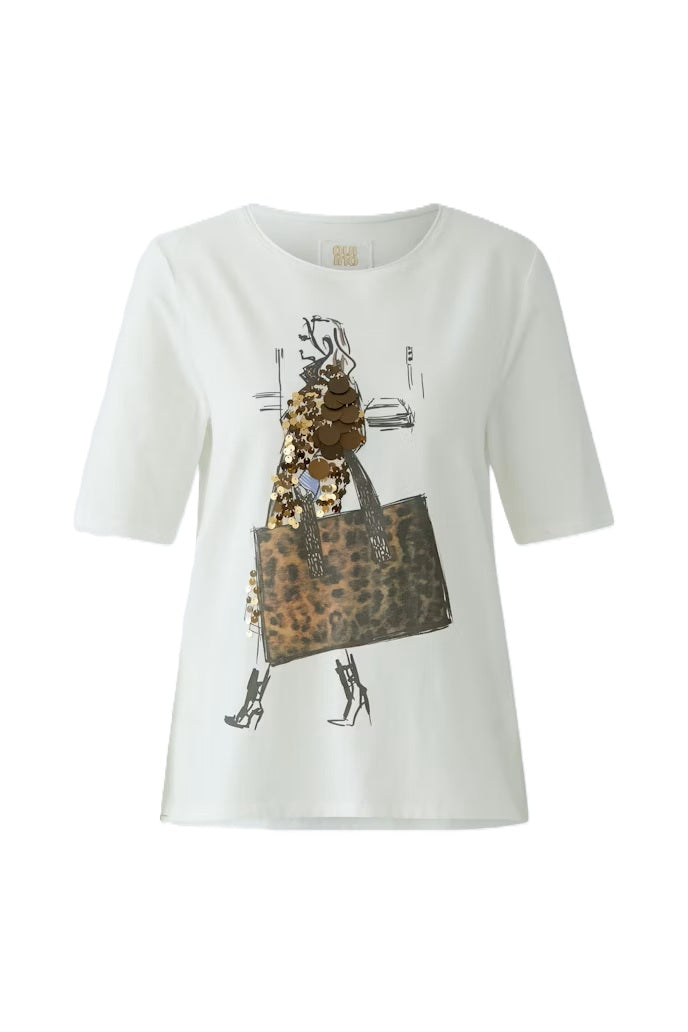 T-Shirt-Oui-handgezeichnetes Motiv-Pailletten-weiß