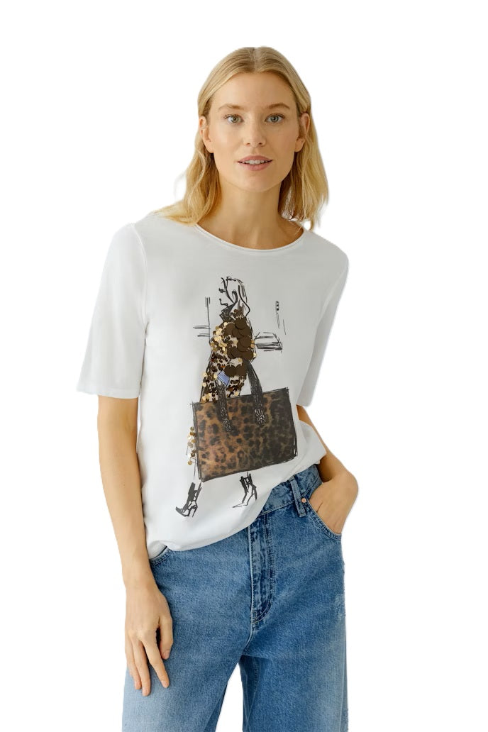 T-Shirt-Oui-handgezeichnetes Motiv-Pailletten-weiß