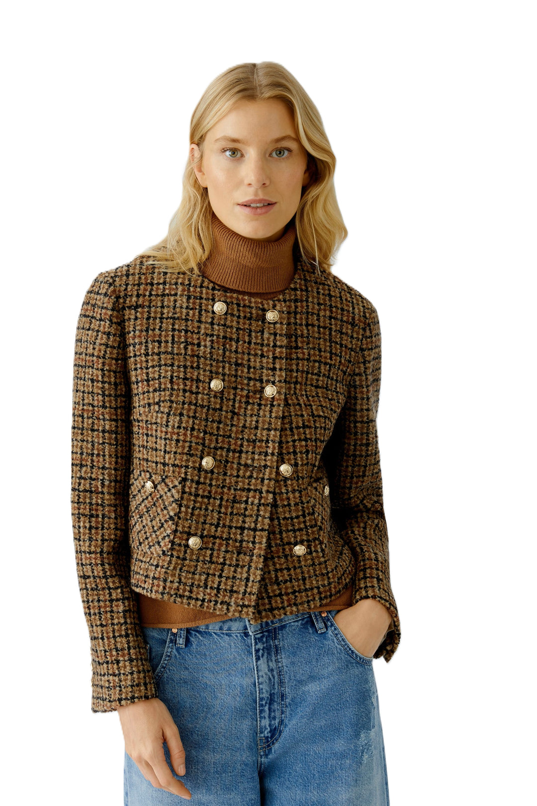 Jacke-Oui-Karo-Goldknoepfe-Doppelreiher-kurz