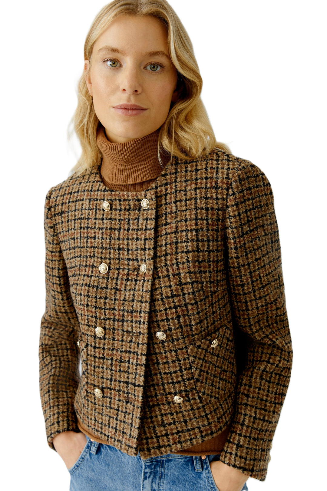 Jacke-Oui-Karo-Goldknoepfe-Doppelreiher-kurz