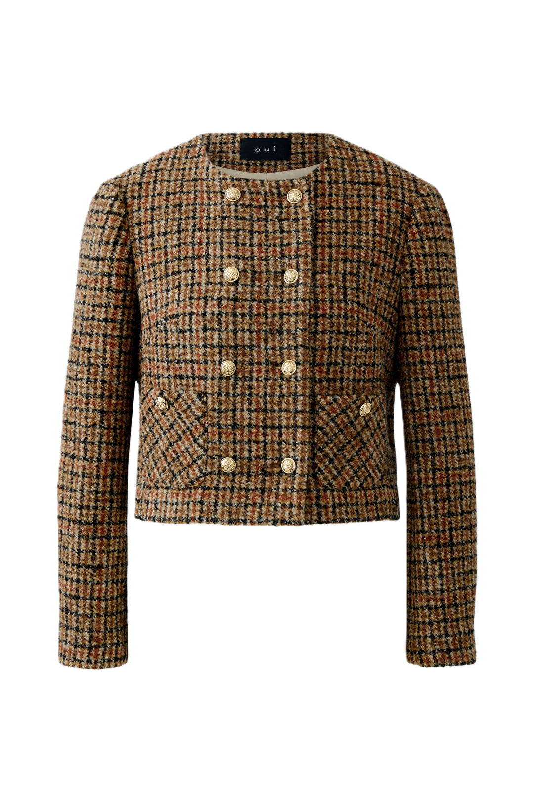Jacke-Oui-Karo-Goldknoepfe-Doppelreiher-kurz
