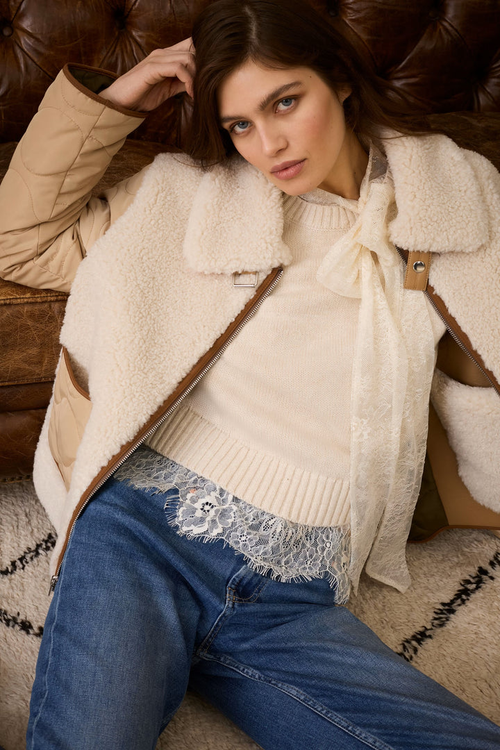 Pullover-Oui-ecru-Raglanaermel-boxy-Rundhals