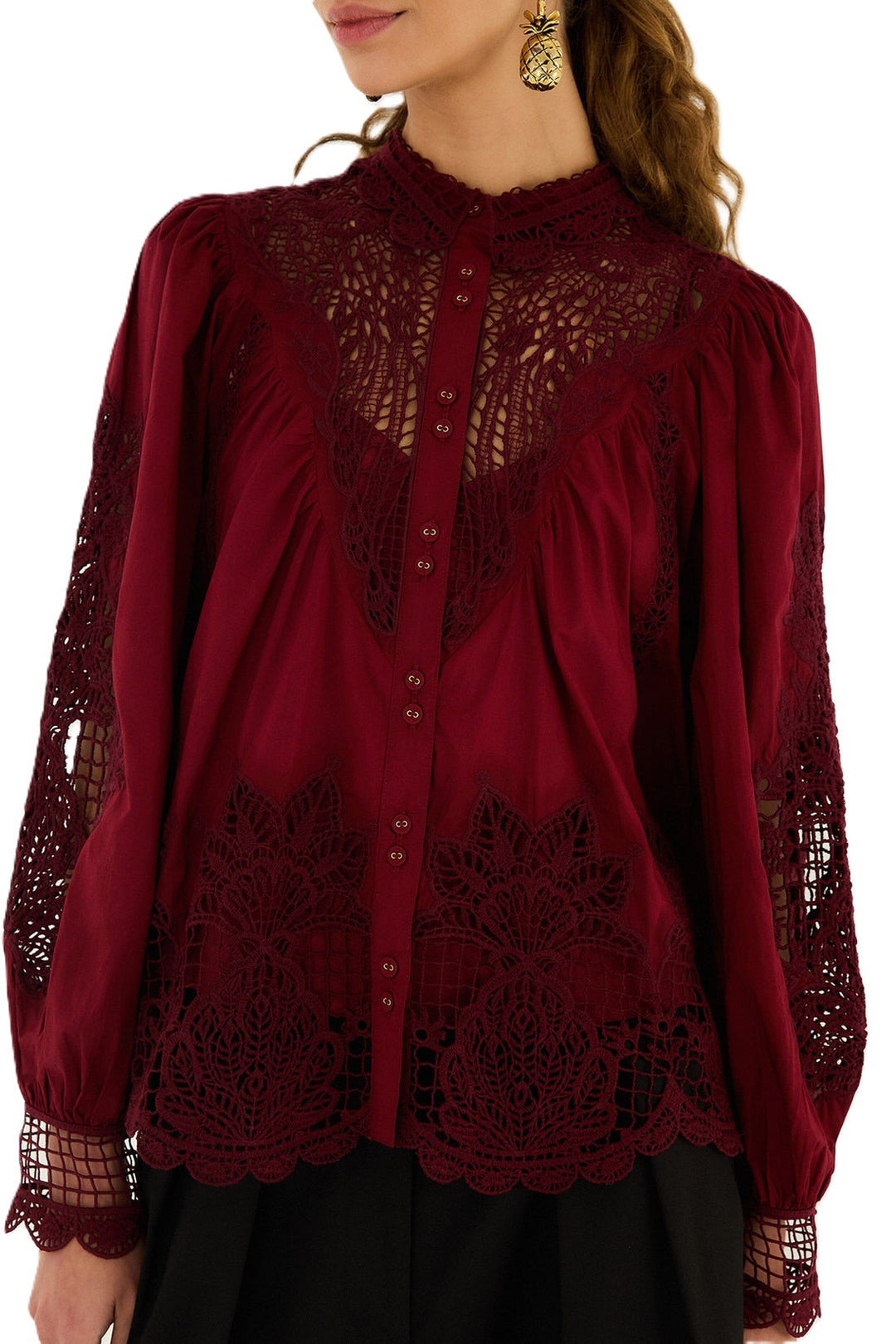 Bluse-Farm Rio-Berry Garden Guipure Blouse-rot-spitze-Ballonaermel
