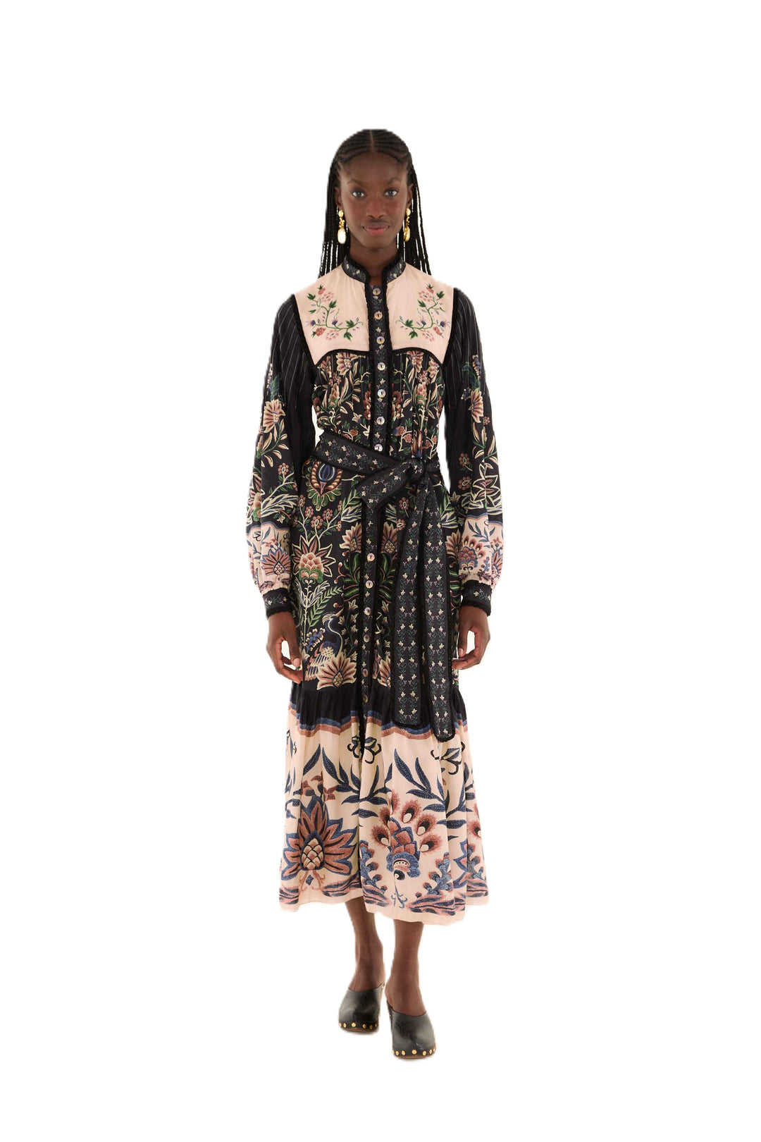 Kleid-Farm Rio-MARVELOUS GARDEN BLACK LONG SLEEVE-Folklore-Guertel-Spitze-bunt
