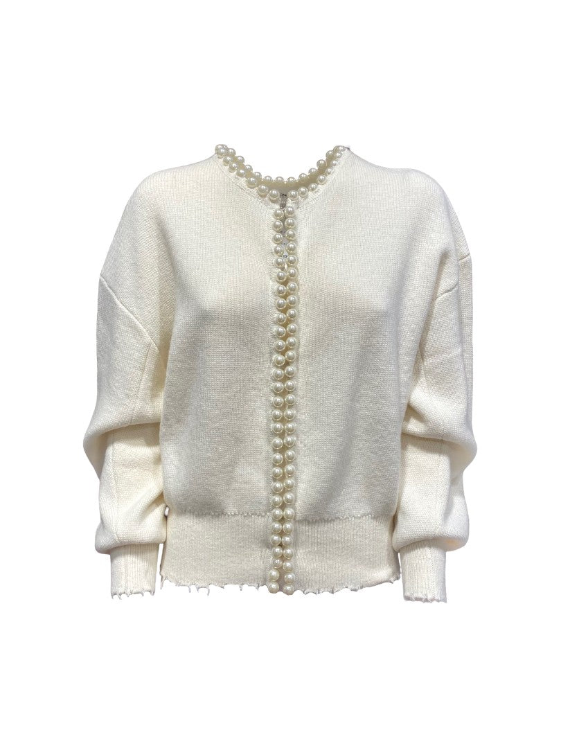 Strickweste-Essentiel Antwerp-Ideas-weiß-Perlen-ausgefranster Saum