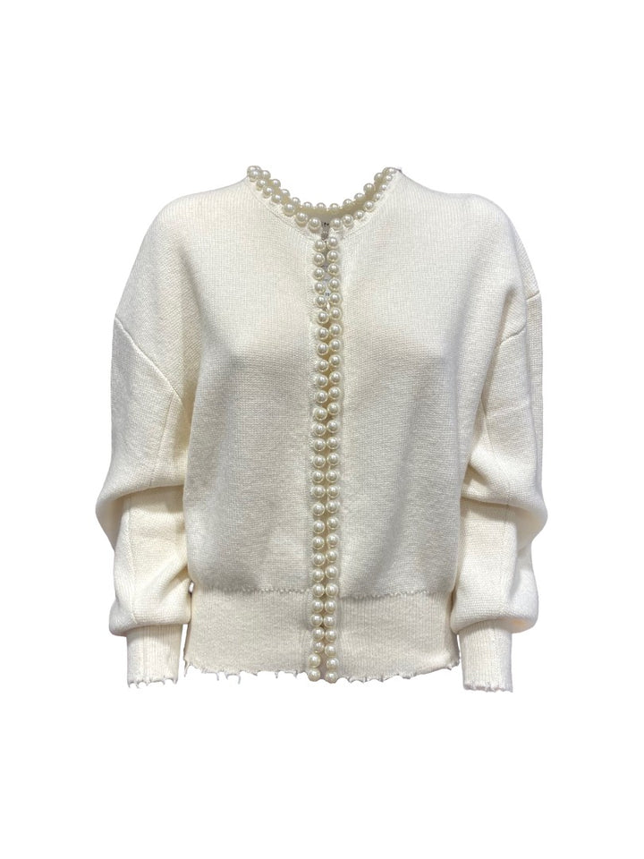Strickweste-Essentiel Antwerp-Ideas-weiß-Perlen-ausgefranster Saum