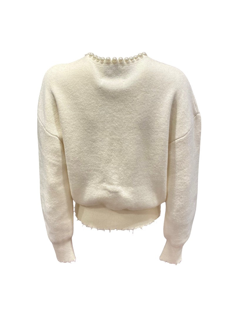 Strickweste-Essentiel Antwerp-Ideas-ecru-Perlen-ausgefranster Saum