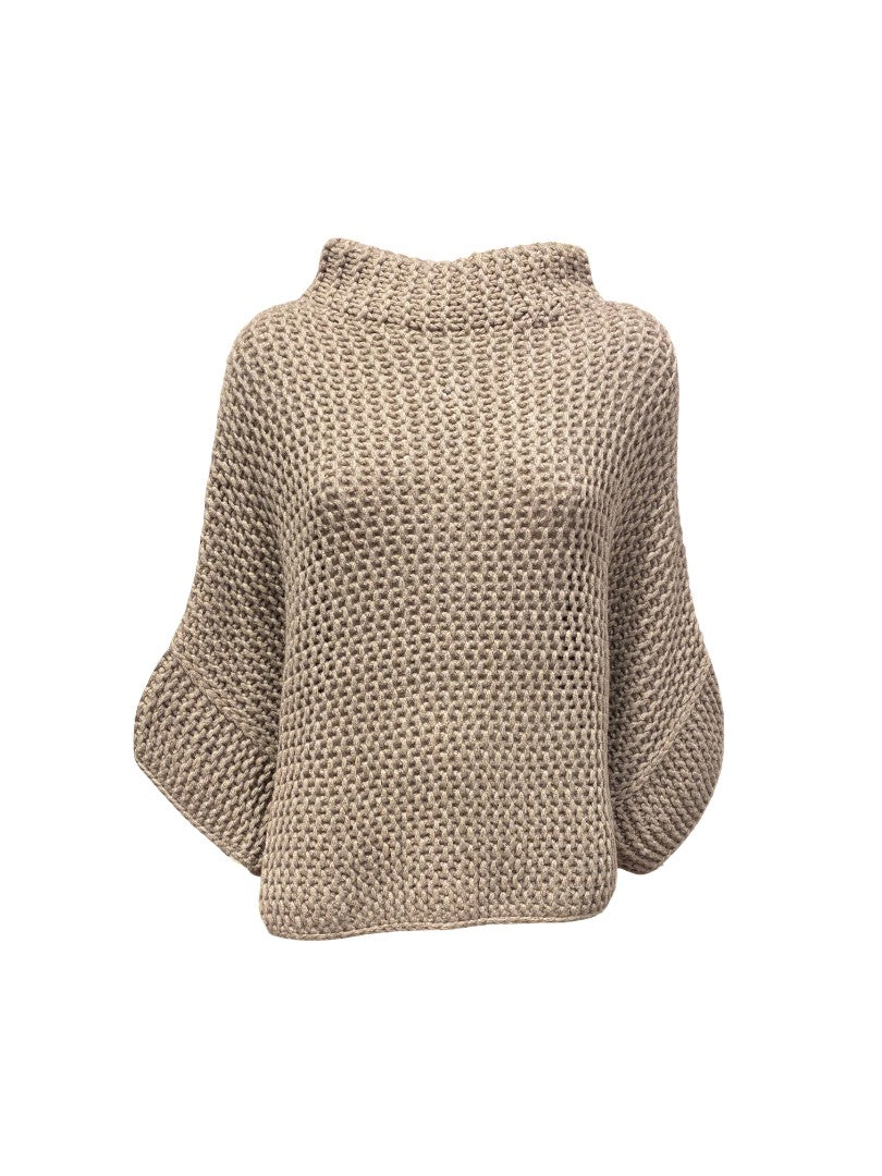 Ponchopullover-FFC-Linksstrick-Rollkragen-dreiviertel-Ärmel-Sepia-Beige-Braun