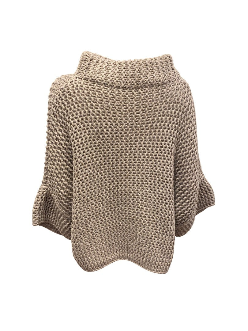 Ponchopullover-FFC-Linksstrick-Rollkragen-dreiviertel-Ärmel-Sepia-Beige-Braun