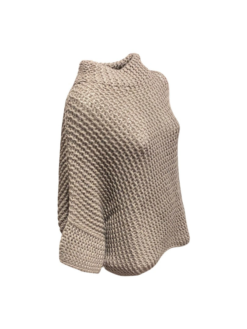 Ponchopullover-FFC-Linksstrick-Rollkragen-dreiviertel-Ärmel-Sepia-Beige-Braun