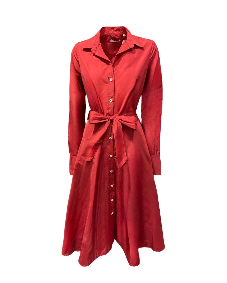 Kleid-The-White-Shirt-Maxi-Hemdkragen-Tailliert-Knopfleiste-Rot