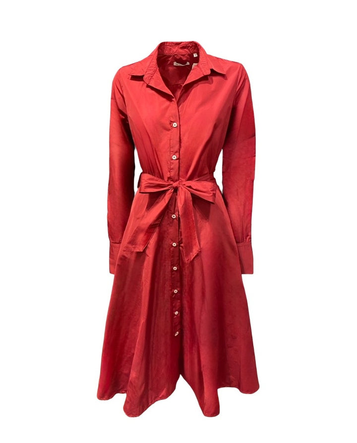 Kleid-The-White-Shirt-Maxi-Hemdkragen-Tailliert-Knopfleiste-Rot