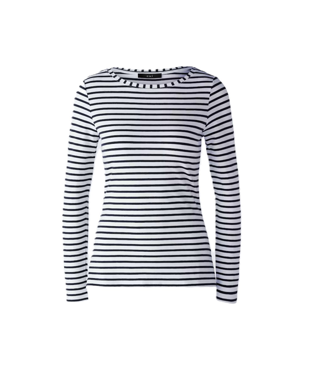 Shirt Oui SUMIKO navy und weiß. Oui Shirt mit Streifen. Der gerade Schnitt sorgt für eine moderne Silhouette, während die weiche, hochwertige Materialqualität einen angenehmen Tragekomfort bietet.